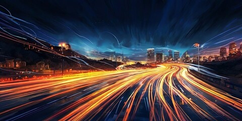 Poster - A city skyline is lit up with bright lights, creating a sense of energy