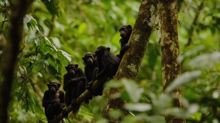 Canvas Print - A group of monkeys sitting on a tree branch in a lush green forest.