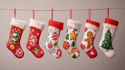 Sticker - Festive array of colorful Christmas stockings hanging on a string, showcasing various holiday motifs like snowflakes, trees, and gingerbread men. Perfect for seasonal decor.