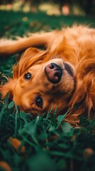 Canvas Print - A golden retriever relaxing on the grass, showcasing a peaceful and joyful moment.