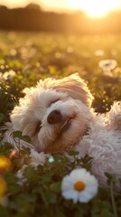 Poster - A fluffy dog peacefully resting in a flower-filled field during sunset.