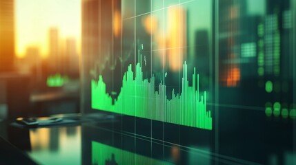 Wall Mural - a digital financial graph reflecting through an office table from a glass surface, market growth, up
