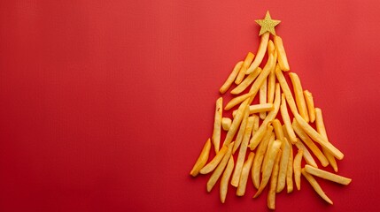 Festive fast food concept: Golden french fries arranged in shape of Christmas tree with star topper on vibrant red background, blending holiday cheer with junk food.