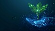 © Maria Mikhaylichenko - Digital hand nurtures glowing plant seedling, symbolizing technological growth and eco-innovation in a futuristic blue-green network landscape.