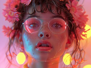 Poster - Close-Up Portrait of a Woman with Flowers in Her Hair and Glowing Lights