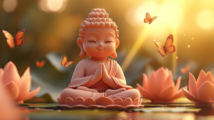 Wall Mural - A cute cartoon Buddha meditating with lotus flowers and butterflies in the background, golden light shining behind him, creating an atmosphere of tranquility and peace