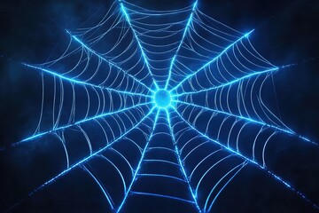 Neon lighting web. A vivid illustration of a strong web. Modern vector logo, banner, shield, web pattern. Night advertising on the background of a brick wall.
