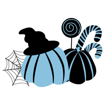 Blue pumpkins and candy canes vector illustration on white background, hand drawn clip art 