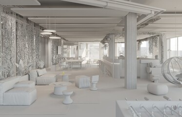 Poster - Office communication area interior. Barista. 3D Render. Clay render.