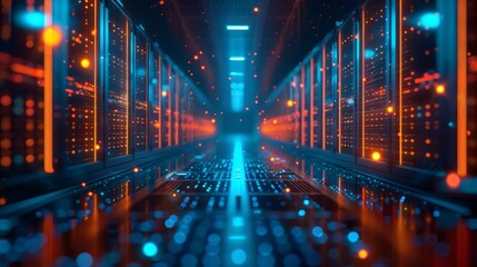 Poster - 3D rendering of a data center with shining lights and an abstract background featuring lines and figures. The large, bold server room is filled with powerful supercomputers