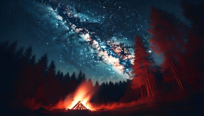 Wall Mural - Tranquil Campfire Evening Under a Glittering Stellar Sky in Nature