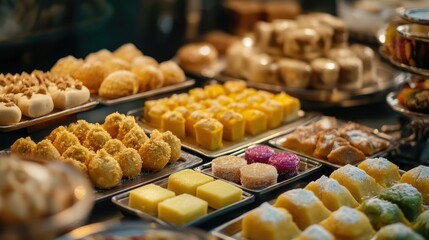 Close-up of South Asian sweets and desserts displayed on a restaurant table. No people, copy space available