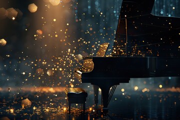 Wall Mural - A violin surrounded by glowing musical notes and sparkling lights in a classical setting.