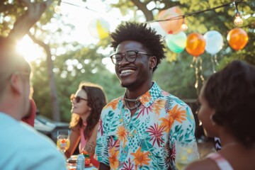 Wall Mural - Black man at birthday party laughing outdoors adult.