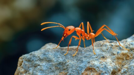 A red ant stands on a rock. This photo is perfect for illustrating articles about insects, nature, or the environment.