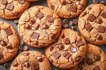 Delicious chocolate chip cookies forming a tasty background