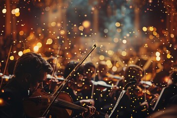 Wall Mural - Classical instruments sparkling with light as music notes float in a dreamy atmosphere