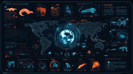 An earth globe, a control center, a UI interface for a game background design. A digital background design. A stock market background. A technology background.