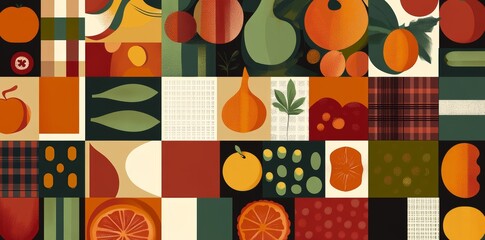 Poster - An autumn and Thanksgiving harvest Bauhaus pattern. Fall season, Happy Thanksgiving or October wrapping paper modern texture. Fabric background with Bauhaus autumn vegetables and fruits.