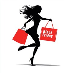 Aufkleber - Silhouette of elegant woman running with shopping bags, white background, red bag with 