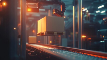 Poster - A robotic manipulator skillfully lifts a heavy box and places it onto a conveyor belt in a well-lit industrial environment during the evening hours