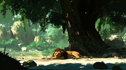 Canvas Print - A serene landscape featuring a resting lion under a large tree in a lush environment.