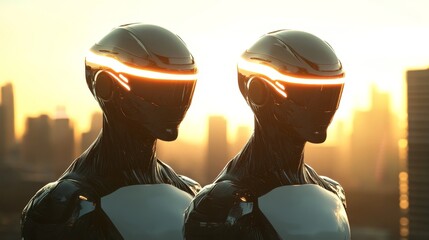Poster - An image of a cyborg woman against a blurred background representing a futuristic city.