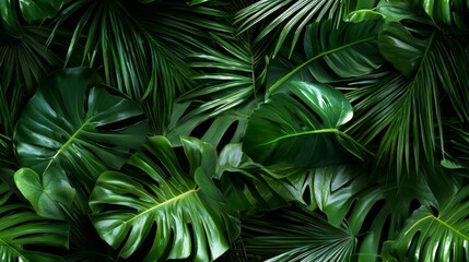 Wall Mural - Tropical foliage featuring palm leaves and exotic plants. Vibrant green wallpaper seamless pattern