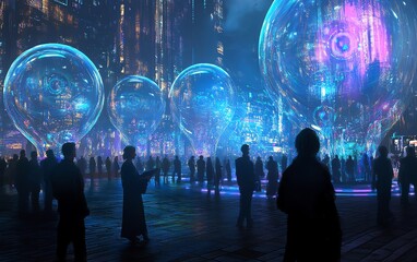 futuristic city with glowing orbs