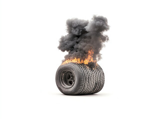 Burning tire releasing smoke on a white isolated background