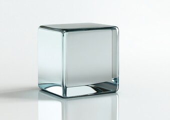 Poster - 3D rendering of clear square box with blue light refraction, abstract geometric shape, isolated graphic element. Glass translucent cube, crystal block with hologram gradient texture.