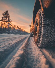 Wall Mural - Winter Road Trip Adventure Journey Through Snow-Covered Road with Stunning Sunset, Close-Up on Tire