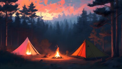 Wall Mural - Art Nouveau Campfire Retreat in a Forest Clearing Beneath an Orange and Pink Evening Sky