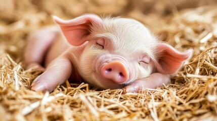 Canvas Print - A cute piglet sleeping peacefully on straw, showcasing its adorable features.