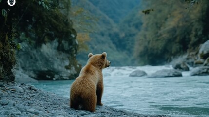 Wall Mural - A brown bear gazes at a serene river surrounded by lush mountains.