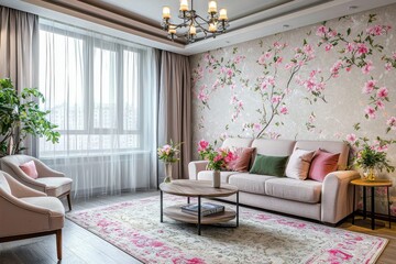 Wall Mural - Create modern a fully furnished living room featuring the wallpaper with pink flowers and green leaves on a grayish background as seen in the provided image