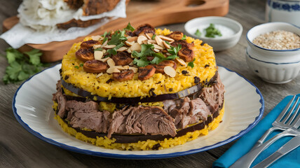 A delicious Maqluba dish with golden rice, tender meat, and layered eggplant, beautifully arranged and garnished with roasted almonds and parsley, served on a large round platter.






