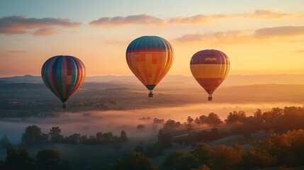 Wall Mural - Three Hot Air Balloons Soaring Over Foggy Landscape at Sunrise