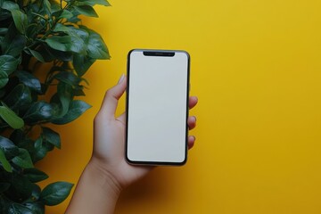 Poster - Hand Holding Smartphone Against Yellow Background