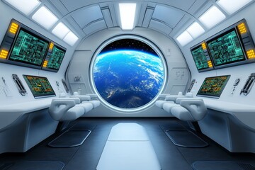 Poster - Spacecraft white cabin with round window showing stunning view of universe