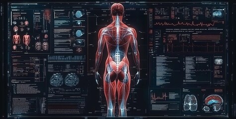 Poster - A futuristic illustration of a digital body science interface system: abstract health technology.