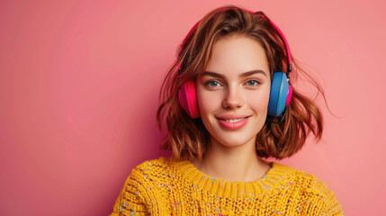 Female student wearing casual clothing and headphones, standing against a solid pink background copy space for text looking at camera