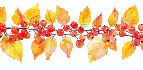 Poster - A watercolor seamless border with autumn leaves, berries, nuts, and acorns. Use it for borders, frames, cards, and citations.