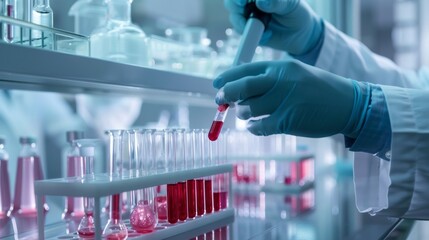 Poster - A scientist is working with red liquid in a lab