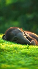 Wall Mural - A peaceful baby elephant sleeping on lush green grass in a serene setting.