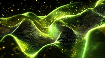 Poster - An abstract wave of green digital particles with dust and light background