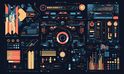 Poster - Set HUD Interface Elements - Lines, Circles, Pointers, Frames, Bars for Web Applications
