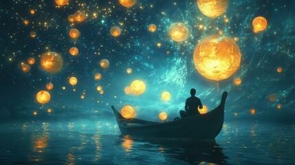 Wall Mural - an artistic illustration of a man inside a small boat in the middle of an ocean with glowing circula