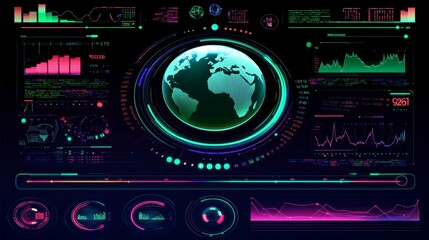 Poster - For digital background computer desktop display screen, futuristic motion graphic user interface with holographic earth and digital data telemetry information is displayed.