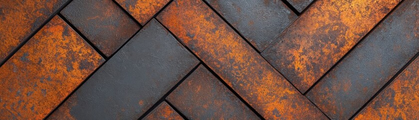 Poster - Detailed close-up of a textured surface with orange and black tiles arranged in a herringbone pattern, showcasing an industrial aesthetic.